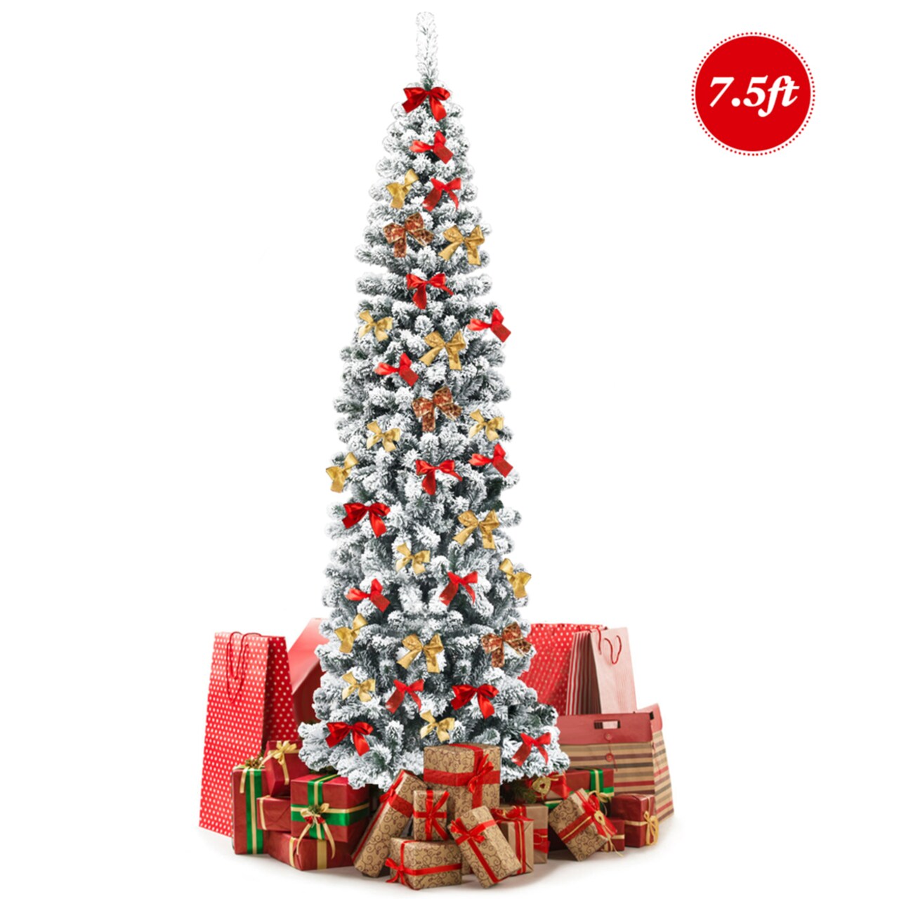 7.5Ft Snow Flocked Pencil Christmas Tree Artificial Pine Tree W/ Metal Stand